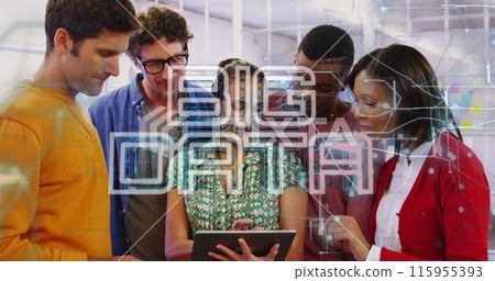 Image of big data text and connections over diverse business people in office Image of big data text and connections over diverse business people in office 115955393