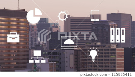 Image of media icons over modern cityscape 115955411