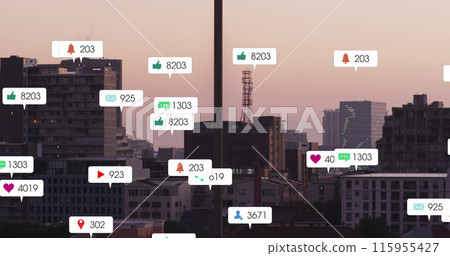 Image of social media icons against aerial view of cityscape 115955427