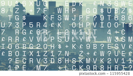 Image of data processing against aerial view of cityscape 115955428