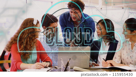 Image of cloud text banner and icon against diverse colleagues discussing together at office 115955430