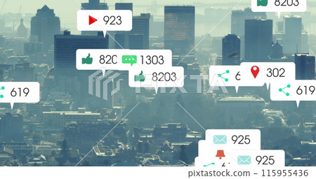 Image of social media icons against aerial view of cityscape 115955436