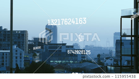 Image of multiple changing numbers against aerial view of cityscape 115955438