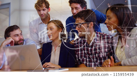 Image of euro symbol and light trails against diverse colleagues discussing together at office Image of euro symbol and light trails against diverse colleagues discussing together at office 115955439