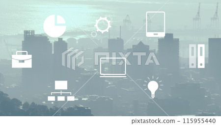 Image of data processing and icons over cityscape Image of data processing and icons over cityscape 115955440