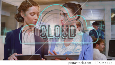 Image of cloud text and connections over diverse business people in office 115955442