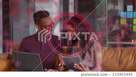 Image of security padlock and connections over diverse business people in office Image of security padlock and connections over diverse business people in office 115955445