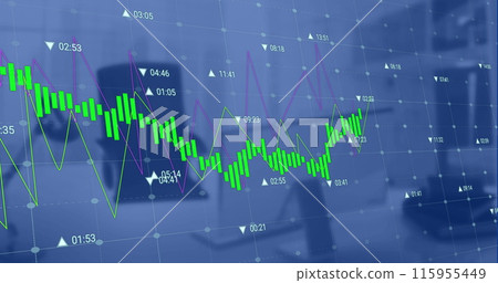 Image of graphs with changing numbers over unoccupied chair and desktop on desk at office Image of graphs with changing numbers over unoccupied chair and desktop on desk at office 115955449