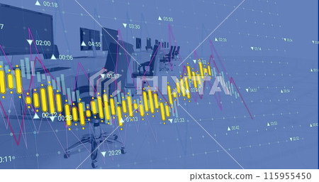 Image of graphs with changing numbers over unoccupied chairs and desktops in office Image of graphs with changing numbers over unoccupied chairs and desktops in office 115955450