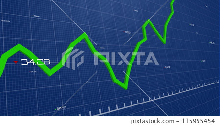 Image of graph with changing numbers over grid pattern against blue background 115955454