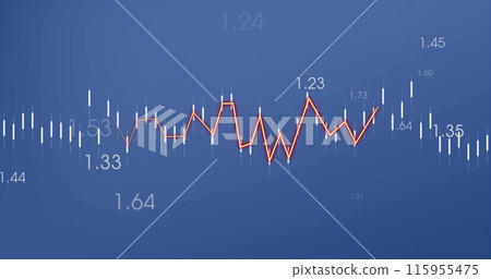 Image of heart rhythm over graph and changing numbers against blue background Image of heart rhythm over graph and changing numbers against blue background 115955475