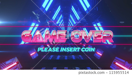 Image of game over and please insert coin text in illuminated triangular tunnel Image of game over and please insert coin text in illuminated triangular tunnel 115955514