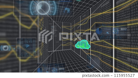 Image of circles, clouds, lines moving, computer language, binary codes on model of server room 115955527