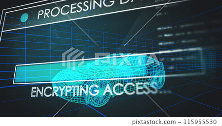 Image of multiple text and loading bars over computer language against 3d model of car 115955530