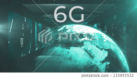 Image of 6g text over mathematical symbols and diagrams against globe in background 115955532
