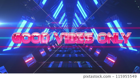 Image of good vibes only text moving in illuminated triangular tunnel Image of good vibes only text moving in illuminated triangular tunnel 115955549