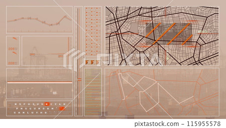 Image of graph, loading circles, bars, navigation pattern and computer language over modern city Image of graph, loading circles, bars, navigation pattern and computer language over modern city 115955578