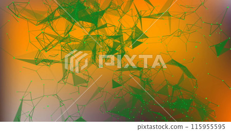 Image of green illuminated dots connecting with lines and moving on yellow background 115955595