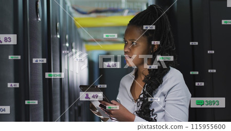 Image of notification bars, female african american engineer using digital tablet in server room 115955600