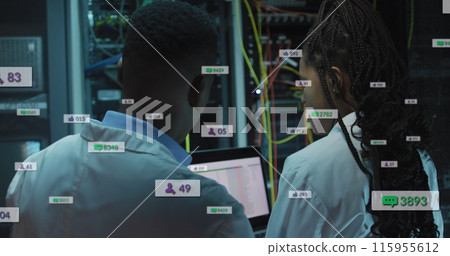 Image of notification bars over african american engineers discussing about data server system Image of notification bars over african american engineers discussing about data server system 115955612