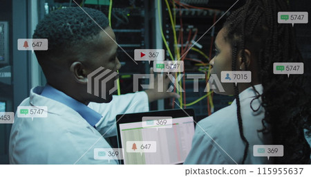 Image of notification bars over african american engineers discussing about data server system Image of notification bars over african american engineers discussing about data server system 115955637