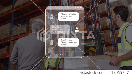 Image of data processing against caucasian male supervisor instructing workers at warehouse 115955737