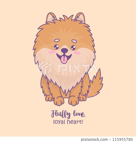 Funny fluffy dog spitz with tongue hanging out. Cute cartoon kawaii character animal. Vector illustration. Kids collection. 115955780