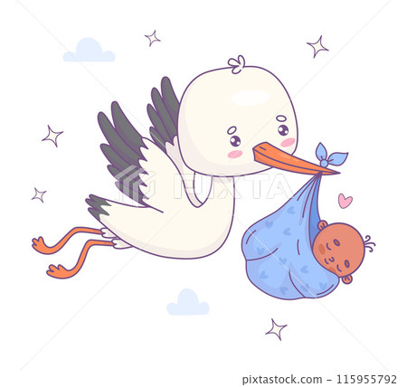 Cute flying stork with black ethnic newborn baby boy. Funny Cartoon bird kawaii character and delivery of infant. Vector illustration. Kids collection. 115955792