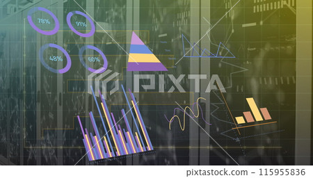 Image of interface with statistical data processing and plexus networks against server room Image of interface with statistical data processing and plexus networks against server room 115955836