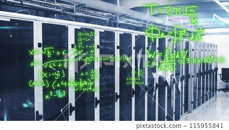 Image of mathematical equations and plexus networks against computer server room Image of mathematical equations and plexus networks against computer server room 115955841