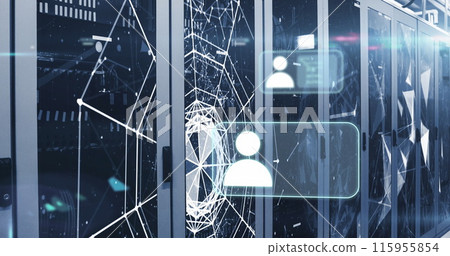 Image of profile icons, plexus networks and light spots against computer server room 115955854