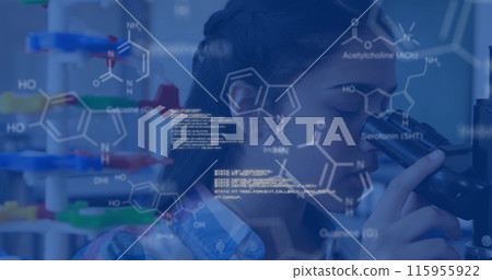 Image of data processing and chemical formula over biracial schoolgirl Image of data processing and chemical formula over biracial schoolgirl 115955922