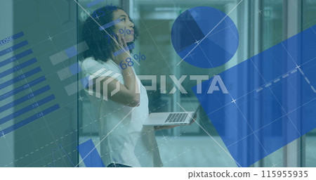 Image of statistical data processing against thoughful biracial woman using laptop at office Image of statistical data processing against thoughful biracial woman using laptop at office 115955935