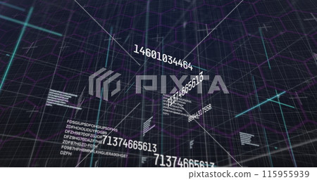 Digital image of changing numbers and data processing over light trails on blue background 115955939