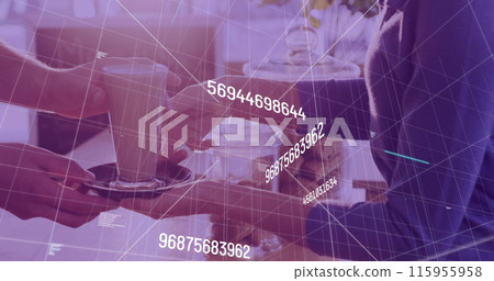 Image of data processing over mid section of a waiter serving coffee at a cafe Image of data processing over mid section of a waiter serving coffee at a cafe 115955958