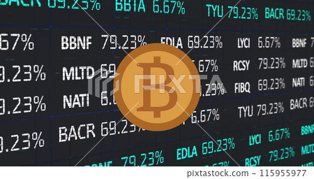 Image of bitcoin over shapes and stock market on black background 115955977
