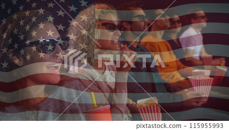Image of flag of usa over happy caucasian people with pop corn watching movie in cinema 115955993