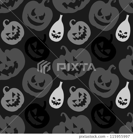 Fun and simple vector black and white seamless pattern with various pumpkin faces flat style Fun and simple vector black and white seamless pattern with various pumpkin faces flat style 115955997