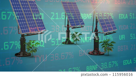 Image of financial data processing over solar panels and plants 115956016