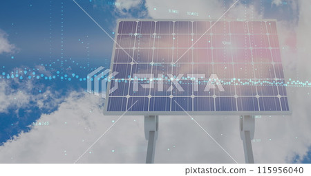 Image of financial data processing over solar panels and landscape 115956040