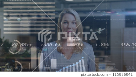 Image of financial data processing over caucasian businesswoman in office Image of financial data processing over caucasian businesswoman in office 115956041
