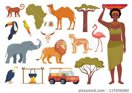 African ethnic style icons. African map, trees, people, animals, birds. Vector. 115956060