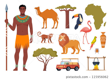 African ethnic style icons. African map, trees, people, animals, birds. Vector. 115956062