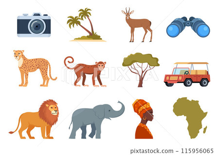 African ethnic style icons. African map, trees, people, animals, birds. Vector. 115956065