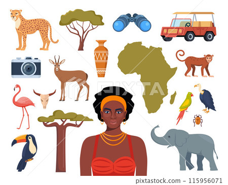 African ethnic style icons. African map, trees, people, animals, birds. Vector. African ethnic style icons. African map, trees, people, animals, birds. Vector. 115956071
