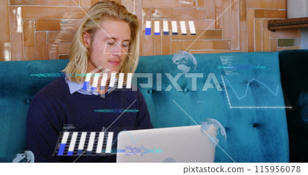 Image of graphs, globes and computer language, caucasian man working on laptop Image of graphs, globes and computer language, caucasian man working on laptop 115956078