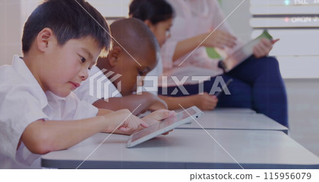 Image of financial data processing over diverse group of diverse pupils Image of financial data processing over diverse group of diverse pupils 115956079