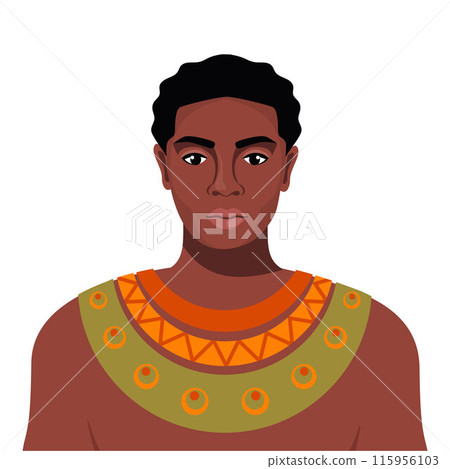 African man wear tribal clothes and necklace. Portrait of male character with dark skin, warrior, hunter. Vector. African man wear tribal clothes and necklace. Portrait of male character with dark skin, warrior, hunter. Vector. 115956103