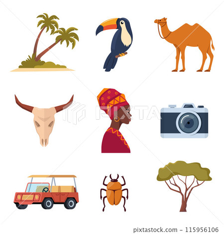 Africa and Safari elements and icons. Palm, toucan, photo camera, African woman, tree, safari jeep. Vector. Africa and Safari elements and icons. Palm, toucan, photo camera, African woman, tree, safari jeep. Vector. 115956106