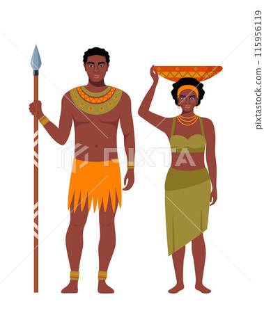 Native black skinned woman and man of African tribe. African couple with traditional ethnic dress and necklace. Man with spear, woman with vase. Vector. Native black skinned woman and man of African tribe. African couple with traditional ethnic dress and necklace. Man with spear, woman with vase. Vector. 115956119